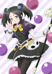 Rule 34 | 1girl, beads, belt, black dress, black hair, black pantyhose, blue eyes, bow, brown belt, capelet, dress, futoku no guild, hair beads, hair ornament, highres, holding, holding staff, index finger raised, long hair, long sleeves, nail polish, open mouth, pantyhose, pink nails, purple capelet, short dress, smile, solo, staff, standing, striped background, teina, tokishikko dana, twintails, yellow bow