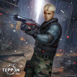 1boy blonde_hair blue_eyes building bulletproof_vest capcom city day destruction dino_crisis_2 dylan_morton fingerless_gloves gloves grey_eyes gun highres kuroiwa_enu military military_uniform muscular muscular_arms muscular_male official_art pump-action_shotgun rubble short_hair shotgun teppen weapon