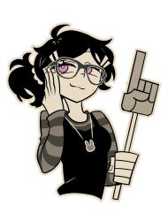 1girl adjusting_eyewear aged_down ashley_graves basilcopperhand black_hair bright_pupils glasses grey_shirt greyscale highres holding jewelry monochrome necklace pink_eyes shirt simple_background smirk solo spot_color striped_clothes striped_shirt the_coffin_of_andy_and_leyley two-tone_shirt upper_body white_background white_pupils