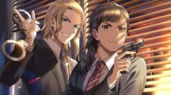 2boys black_suit blonde_hair blue_eyes brown_eyes brown_hair collared_shirt cuffs dolustoy formal_clothes gun handcuffs highres holding holding_gun holding_handcuffs holding_weapon inazuma_eleven_(series) inazuma_eleven_ares_no_tenbin long_hair looking_at_viewer male_focus mansaku_yuuichirou michinari_tatsumi multiple_boys necktie ponytail purple_necktie shirt striped_necktie suit weapon white_shirt window_blinds
