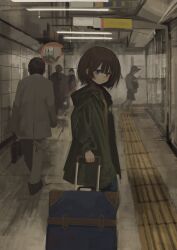 1girl absurdres brown_hair commentary eliot_(eokaitekaite969) highres jacket long_sleeves looking_at_viewer original people rolling_suitcase short_hair standing suitcase