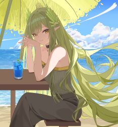 Rule 34 | 1girl, arknights, bare arms, bare shoulders, beach, black choker, chinese commentary, choker, closed mouth, commentary request, cup, day, drink, drinking glass, elf, green hair, grey tube top, hair between eyes, highres, light blush, long hair, looking at viewer, muelsyse (arknights), ocean, outdoors, own hands together, pointy ears, rroc (rrck11), sitting, smile, solo, strapless, sunlight, table, tube top, very long hair, water, wind, yellow eyes