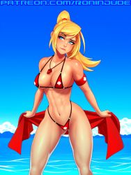 Rule 34 | 1girl, armband, bikini, blonde hair, blue eyes, breasts, cleavage, collarbone, commentary, english commentary, feet out of frame, flag print, flag print bikini, gluteal fold, hair between eyes, highleg, highleg bikini, large breasts, lifeguard, lip biting, long hair, metroid, navel, nintendo, outdoors, paid reward available, patreon username, ponytail, print bikini, ronindude, samus aran, solo, standing, swimsuit, swiss flag bikini, water, whistle