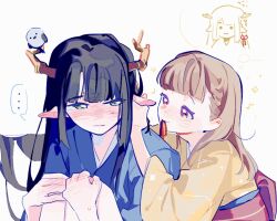 2girls alternate_hair_length alternate_hairstyle bird bird_on_horn blue_kimono blunt_bangs blush braid commentary constellation_print dragon_girl eastern_dragon_horns eighth_note english_commentary flower_symbol flying_sweatdrops green_eyes hair_flowing_over hair_over_wings hands_on_own_knees highres japanese_clothes kachimachi_kosuzu kimono knees_up link!_like!_love_live! long_hair long_sleeves looking_at_another love_live! momose_ginko monsterification mouth_hold multiple_girls musical_note nose_blush pink_eyes pipi_(m1x_mix) pointy_ears print_kimono red_ribbon ribbon ribbon_in_mouth side_braid sidelocks simple_background sitting speech_bubble sweatdrop thought_bubble tying_another&#039;s_hair upper_body very_long_hair virtual_youtuber white_background yellow_kimono yuri