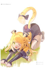 1girl all_fours animal_ears artist_name black_bow black_gloves black_skirt blonde_hair bow elbow_gloves english_text fang fingerless_gloves gloves green_eyes highres ju_fufu long_hair looking_at_viewer one_eye_closed open_mouth short_sleeves skirt smile solo stretching tail tail_ornament tiger_ears tiger_girl tiger_tail twitter_x_logo yu_chien_(yuchien4221) zenless_zone_zero