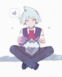 Rule 34 | 1boy, blue eyes, blue hair, blush, carbink, cleaning rag, closed mouth, cloth, collared shirt, gen 6 pokemon, grey hair, heart, highres, holding, long sleeves, necktie, nintendo, pants, pokemon, pokemon (creature), pokemon oras, polishing, purple vest, red necktie, shirt, short hair, simple background, smile, steven stone, tea7coco, vest, white shirt