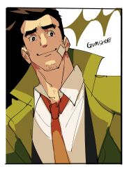 Rule 34 | 1boy, absurdres, ace attorney, bandage on face, bandages, border, character name, coat, collared shirt, dick gumshoe, facial hair, goatee stubble, green coat, highres, kendy (revolocities), male focus, mature male, necktie, red necktie, shirt, short hair, smile, solo, stubble, thick eyebrows, white border
