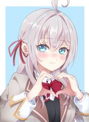 Rule 34 | 1girl, ahoge, alisa mikhailovna kujou, blue background, blue eyes, blush, border, bow, bowtie, brown jacket, closed mouth, collared shirt, commentary request, grey hair, hair between eyes, hair ribbon, heart, heart hands, highres, jacket, kentotto, long hair, long hair between eyes, long sleeves, looking at viewer, outside border, red bow, red bowtie, red ribbon, ribbon, school uniform, seiren academy school uniform, shirt, solo, tokidoki bosotto roshia-go de dereru tonari no alya-san, upper body, white border, white shirt