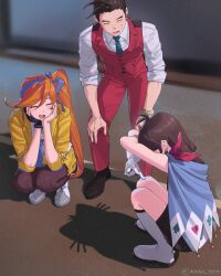 1boy 2girls ace_attorney antenna_hair apollo_justice athena_cykes black_gloves black_pantyhose black_shoes blue_cape blue_necktie boots bow bracelet brown_hair cape cat_shadow_puppet_(meme) closed_eyes collared_shirt earrings fingerless_gloves forked_eyebrows gloves hands_on_own_knees head_rest highres jacket jewelry lapel_pin long_hair meme mmmr_777 multiple_girls necktie no_headwear open_mouth orange_hair pants pantyhose red_bow red_pants red_vest shadow shirt shoes short_hair side_ponytail single_glove sleeves_rolled_up smile squatting standing sweat trucy_wright twitter_username vest white_boots white_gloves white_shirt white_shoes yellow_jacket