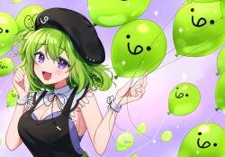 Rule 34 | 1girl, apron, balloon, bare shoulders, beret, black apron, black hat, breasts, cleavage cutout, clothing cutout, commission, diamond-shaped pupils, diamond (shape), green hair, hands up, hat, highres, ichiko 1234, indie virtual youtuber, looking at viewer, medium breasts, medium hair, one side up, open mouth, purple eyes, purple shirt, shirt, sideboob, sleeveless, sleeveless shirt, smile, solo, symbol-shaped pupils, upper body, vgen commission, virtual youtuber, wristband