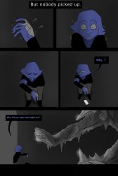 2boys addison_(deltarune) black_jacket black_shoes blue_skin blue_sweater bright-goat cellphone colored_skin constricted_pupils deltarune frown frozen grey_pants greyscale hand_on_own_arm highres holding_own_arm hunched_over jacket limited_palette long_nose medium_hair monochrome multiple_boys on_ground open_mouth pants petrification phone pointy_nose reaching scared shoes sitting spamton_neo surprised sweater talking trembling turtleneck turtleneck_sweater wide-eyed