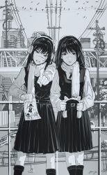 2girls absurdres animal_ears bird cat_ears chainsaw_man dress earmuffs facial_scar fake_animal_ears fourth_east_high_school_uniform greyscale highres kneehighs light_blush looking_at_viewer mitaka_asa monochrome multiple_girls pinafore_dress pointing pointing_at_viewer power_lines ringed_eyes scar scar_on_cheek scar_on_face scarf school_uniform sleeveless sleeveless_dress socks utility_pole yautja yoru_(chainsaw_man)