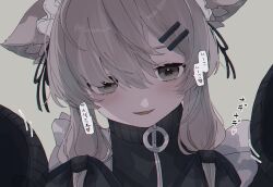 1girl :d animal_ear_fluff animal_ears apron black_jacket black_ribbon blush bow brown_hair cat_ears chromatic_aberration close-up dot_nose ears_down eyebrows_hidden_by_hair frills grey_background grey_eyes grey_hair hair_between_eyes hair_bow hair_ornament hair_over_one_eye hair_over_shoulder hair_ribbon hairclip hands_up head_tilt heart heartbeat high_collar jacket light_blush long_bangs long_hair long_sleeves looking_at_viewer low_twintails mafuyu_(vrchat) maid maid_apron maid_headdress medium_hair monoyoshimeta motion_lines muted_color open_mouth parted_lips portrait pov reaching reaching_towards_viewer ribbon sidelocks simple_background sleeves_past_fingers sleeves_past_wrists smile solo sound_effects speech_bubble spoken_heart straight-on track_jacket track_suit turtleneck turtleneck_jacket twintails unconventional_maid upper_body vrchat white_apron white_headdress wolf_ears zipper zipper_pull_tab