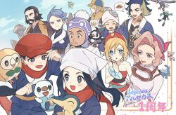 4girls 6+boys :d adaman_(pokemon) akari_(pokemon) arceus bandana belt belt_buckle beni_(pokemon) bird black_hair blonde_hair blue_coat blush bracelet buckle coat collar commentary_request creatures_(company) cyllene_(pokemon) cyndaquil dialga eyelashes facial_hair game_freak gen_2_pokemon gen_4_pokemon gen_5_pokemon gen_7_pokemon green_hair grey_eyes hairband hat headscarf hisuian_braviary jacket jewelry jumpsuit kamado_(pokemon) laventon_(pokemon) legendary_pokemon long_hair lower_teeth_only multiple_boys multiple_girls mustache mythical_pokemon nintendo open_mouth oshawott palina_(pokemon) palkia pankona_(ubsssss) pillar pokemon pokemon_(creature) pokemon_legends:_arceus ponytail purple_eyes red_hairband red_headwear red_scarf rei_(pokemon) rowlet sabi_(pokemon) scarf shirt short_hair sidelocks smile spoken_food starly strapless strapless_shirt teeth twintails volo_(pokemon) white_headscarf white_headwear