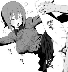 1boy 1girl bar_censor breasts censored girls_und_panzer henyaan_(oreizm) hetero highres jacket kuromorimine_school_uniform large_breasts monochrome nishizumi_maho open_mouth penis school_uniform sex short_hair simple_background skirt solo_focus translation_request vaginal white_background