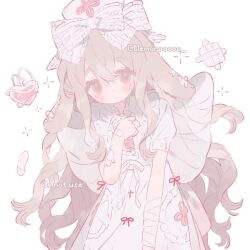 1girl apron bandages bandaid blush bow brown_hair dress frills hair_between_eyes hair_bow hair_ornament hat long_hair looking_at_viewer memuro nurse nurse_cap original pill pink_hair short_sleeves solo twitter_username white_background white_dress wings