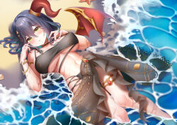 1girl absurdres beach bikini black_bikini black_hair black_sarong bracelet breasts colored_inner_hair demon_wings flower_bracelet green_eyes hair_between_eyes highres horn_ornament horn_ring horns jewelry knees_together_feet_apart large_breasts long_hair looking_at_viewer lying multicolored_hair navel ocean on_back princess_connect! ranpha_(princess_connect!) ranpha_(summer)_(princess_connect!) red_horns red_wings sarong see-through_clothes see-through_sarong sefthy single_horn single_wing swimsuit underboob water wet wings