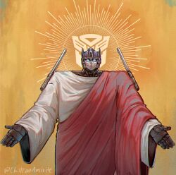 Rule 34 | 1boy, alternate costume, blue eyes, chillteaamirite, cosplay, cowboy shot, glowing, glowing eyes, halo, halo behind head, headgear, highres, humanoid robot, insignia, jesus, jesus (cosplay), looking at viewer, male focus, mecha, optimus prime, outstretched arms, reaching, reaching towards viewer, robot, sash, science fiction, solo, traditional clothes, transformers, transformers: generation 1, yellow background