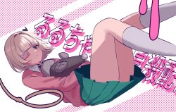 1girl bandaged_head bandages black_horns blonde_hair blunt_bangs cellphone collared_shirt e2ze2 eyepatch green_eyes green_neckerchief green_skirt half-closed_eye highres horns hugging_object kneehighs long_sleeves looking_at_viewer lying neckerchief noose on_back phone phone_eyepatch pink_sweater pleated_skirt puffy_sleeves ruru_(shinsei_kamattechan) shinsei_kamattechan shirt short_hair single_horn skirt socks solo stuffed_animal stuffed_mouse stuffed_toy sweater thick_thighs thighs white_shirt white_socks