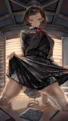 1girl absurdres belt black_belt black_hair black_jacket black_shirt brown_eyes chain closed_mouth clothes_lift highres jacket original pleated_skirt red_ribbon ribbon shirt shirt_tucked_in short_hair skirt skirt_lift smile soleil_(soleilmtfbwy03) solo squatting swept_bangs thighhighs white_thighhighs window window_blinds