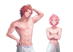 2boys abs absurdres arm_behind_head blush brown_hair closed_mouth ensemble_stars! gugjang_b height_difference highres light_smile looking_at_viewer male_focus medium_hair mikejima_madara multiple_boys naked_towel navel nipples oukawa_kohaku pectorals pink_hair purple_eyes short_hair simple_background skinny toned toned_male topless_male towel veiny_crotch white_background