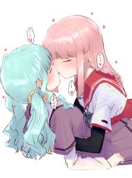 Rule 34 | 2girls, absurdres, blush, closed eyes, futaba sana, grey hair, highres, hime cut, hug, kamihama university affiliated school uniform, kiss, magia record: mahou shoujo madoka magica gaiden, mahou shoujo madoka magica, mizuna girls&#039; academy school uniform, multiple girls, pink hair, sakaemdg, school uniform, serafuku, speech bubble, tamaki iroha, yuri