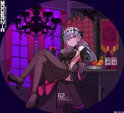 1girl alcohol apple bandaged_head bandages black_crown black_dress black_gloves black_tiara bottle breasts cleavage clothing_cutout crossed_legs crown cup dress drink drinking_glass english_text engrish_text food fruit gloves goddess_of_victory:_nikke grapes grey_hair highres holding holding_cup impossible_clothes impossible_jacket jacket large_breasts leg_cutout long_hair long_sleeves looking_at_viewer modernia_(nikke) modernia_(second_affection)_(nikke) official_alternate_costume orange_(fruit) pineapple pixel_art ranguage red_eyes red_wine ribbon see-through_cleavage see-through_clothes sideless_dress solo sugiyamasama thighhighs tiara visor_lift wine wine_bottle wine_glass