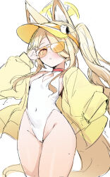 1girl animal_ear_fluff animal_ears blonde_hair blue_archive blush commentary_request covered_navel cross_halo fox_ears fox_girl fox_tail halo highres loli long_hair looking_at_viewer mou_tama_maru official_alternate_costume one-piece_swimsuit one_eye_covered open_mouth seia_(blue_archive) seia_(swimsuit)_(blue_archive) sketch solo sunglasses swimsuit tail thighs tinted_eyewear very_long_hair visor_cap white_one-piece_swimsuit yellow-tinted_eyewear yellow_halo