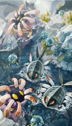 absurdres amehatobook anorith commentary day dewpider from_above gen_3_pokemon gen_7_pokemon highres lileep nintendo no_humans outdoors pebble pokemon pokemon_(creature) ripples river rock seaweed swimming symbol-only_commentary walking walking_on_liquid water yellow_eyes