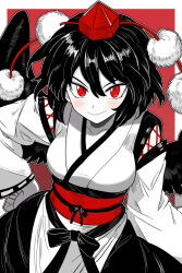 1girl black_bow black_hair bollzzalguy bow breasts closed_mouth hand_on_own_hip hat highres japanese_clothes kimono kourindou_tengu_costume looking_at_viewer medium_breasts medium_hair obi obiage red_eyes ribbon-trimmed_sleeves ribbon_trim sash shameimaru_aya smile solo tokin_hat touhou white_kimono