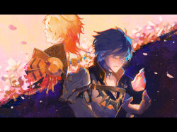 Rule 34 | 2boys, antenna hair, armor, back-to-back, back tattoo, black choker, black coat, black shirt, blonde hair, blue eyes, chinese commentary, choker, closed eyes, coat, commentary request, coreflame (honkai: star rail), dated commentary, gold necklace, gradient hair, hair between eyes, highres, honkai: star rail, honkai (series), implied yaoi, jewelry, lu xia, male focus, medium hair, multicolored hair, multiple boys, mydei (honkai: star rail), necklace, open clothes, open coat, pauldrons, phainon (honkai: star rail), red hair, red tattoo, shirt, short hair, shoulder armor, single pauldron, split theme, tattoo, white coat, white hair