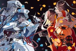 Rule 34 | 6+girls, ado (utaite), black background, black gloves, black hair, blue brooch, carpenter (ado), cat, chando (ado), coat, coat on shoulders, dress, falling petals, fang, glasses, glint, gloves, grey hair, hair between eyes, hand fan, hat, highres, long hair, long hair between eyes, lugosi (ado), microphone stand, multiple girls, open mouth, orange dress, petals, pike (azas ef), pointy ears, pumpkin, red eyes, red hair, romero (ado), short hair, show (ado), utaite, white cat, white gloves, white hair, white hat, yellow eyes