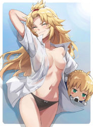 1girl ahoge arm_behind_head arm_up artoria_pendragon_(fate) black_panties blonde_hair blue_background blush blush_stickers border breasts character_doll closed_eyes closed_mouth collarbone collared_shirt commentary_request fang fang_out fate/apocrypha fate/stay_night fate_(series) food forehead gradient_background green_eyes hair_pulled_back highres long_hair mordred_(fate) mordred_(fate/apocrypha) navel nesoberi no_bra onigiri open_clothes open_shirt panties parted_bangs photoshop_(medium) saber_(fate) shirt short_sleeves small_breasts solo stuffed_toy thighs tonee underwear white_border white_shirt
