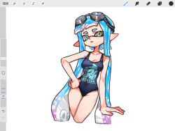 1girl art_program_in_frame blue_hair blue_one-piece_swimsuit colored_tips commentary english_commentary goggles goggles_on_head green_eyes gucandiyi52092 hand_on_own_hip highres inkling inkling_girl inkling_player_character long_hair looking_at_viewer multicolored_hair nintendo one-piece_swimsuit open_mouth pink_hair pointy_ears simple_background solo splatoon_(series) splatoon_3 swimsuit tentacle_hair two-tone_hair very_long_hair white_background