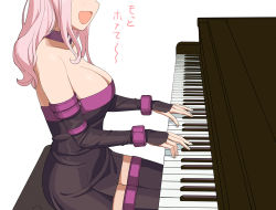 1girl :d a1_(initial-g) bare_shoulders black_thighhighs blush breasts choker cleavage commentary_request cosplay fate/stay_night fate_(series) fujiwara_chika head_out_of_frame instrument kaguya-sama_wa_kokurasetai_~tensai-tachi_no_renai_zunousen~ large_breasts long_hair medusa_(fate) medusa_(rider)_(fate) medusa_(rider)_(fate)_(cosplay) open_mouth piano pink_hair purple_choker simple_background sitting smile solo thighhighs translation_request white_background