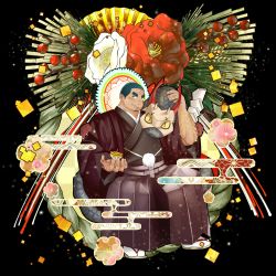 1boy absurdres bara buzz_cut dark-skinned_male dark_skin egasumi facial_hair flower hakama halo halo_behind_head haori haori_himo highres japanese_clothes kasumi kidomh63 kimono looking_at_viewer male_focus mature_male montsuki muscular muscular_male open_mouth shimekazari short_hair sideburns smile solo spinning_top tabi thick_eyebrows tokyo_houkago_summoners tvastar_(housamo) very_short_hair