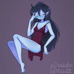 1girl absurdres adventure_time alternate_costume barefoot black_hair blush breasts closed_mouth colored_skin commentary covered_navel deadraisdead english_commentary fangs frilled_nightgown full_body grey_skin highres long_hair marceline_abadeer nightgown pointy_ears see-through_clothes shiny_skin solo toes twitter_username vampire very_long_hair