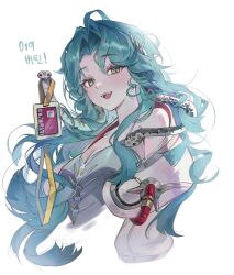 1girl :d absurdres bare_shoulders blue_hair breasts closed_mouth cropped_torso dress green_eyes grey_dress highres hissabeth id_card jacket korean_text lanyard long_hair medium_breasts open_mouth popo_07274 red_pupils reverse:1999 sleeveless sleeveless_dress slit_pupils smile snake snake_on_head solo spaghetti_strap teeth translation_request upper_body upper_teeth_only white_background white_jacket