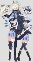 Rule 34 | 3girls, absurdres, animal ears, blonde hair, blue archive, blue eyes, blue hair, dog ears, dog girl, grey background, halo, hat, height difference, highres, kanna (blue archive), knee pads, long hair, medium hair, multiple girls, odmised, police, police hat, police uniform, policewoman, simple background, valkyrie police academy student (sg) (blue archive)
