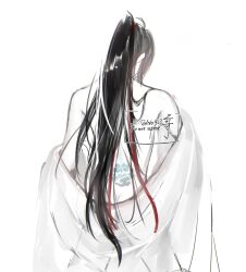 1010923 1boy ahoge alternate_costume back back_focus back_tattoo bare_shoulders bathrobe black_hair clothes_down facing_away from_behind hair_ribbon implied_yaoi kneeling long_hair male_focus modao_zushi partially_undressed ponytail red_ribbon ribbon robe see-through_clothes sidelocks simple_background solo spot_color tattoo twitter_username undressing very_long_hair watermark wei_wuxian white_background white_robe