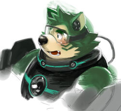 1boy animal_ears armor bara biceps black_armor blush commentary_request dog_boy dog_ears dog_nose earpiece facial_mark fangs fat furry furry_male goggles green_fur kita_9999 lens live_a_hero looking_to_the_side male_focus mokdai_(live_a_hero) open_mouth plump profile superhero_costume white_background