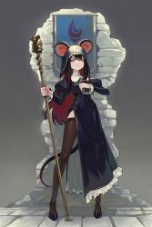 1girl absurdres animal_ears black_hair book cross full_body gemi_ningen gradient_hair habit high_heels highres holding holding_book holding_staff juliet_sleeves long_sleeves looking_at_viewer mouse_ears mouse_girl mouse_tail multicolored_hair nun original puffy_sleeves red_hair side_slit solo staff standing tail thighhighs two-tone_hair yellow_eyes