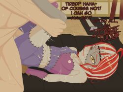 1boy 1girl bound bound_wrists breasts censored completely_nude cross-shaped_pupils cum cum_in_pussy english_text feet_out_of_frame hetero highres hololive hololive_indonesia huntamann kureiji_ollie lying mosaic_censoring multicolored_hair navel nipples nude on_back open_mouth red_hair rope sex short_hair small_breasts smile solo_focus stitched_arm stitched_face stitched_leg stitched_torso stitches streaked_hair sweat symbol-shaped_pupils teeth thigh_grab vaginal virtual_youtuber white_hair yellow_eyes zombie