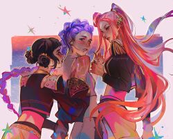 Rule 34 | 3girls, absurdres, alternate costume, back, bare shoulders, black hair, blush, body markings, braid, brown eyes, closed mouth, commentary, crop top, cropped jacket, double bun, earrings, english commentary, flat chest, friends, from behind, from side, gabe (gabeirg), gradient background, group sex, hair bun, hair flowing over, hair up, hand on another&#039;s wrist, heterochromia, highres, jewelry, kpop demon hunters, leaning forward, long braid, long hair, long sleeves, looking at another, looking at viewer, looking down, looking to the side, looking up, mira (kpop demon hunters), multiple girls, nose blush, off shoulder, parted lips, pink lips, purple hair, red hair, red lips, rumi (kpop demon hunters), shade, short bangs, single braid, skirt, standing, tan, threesome, twintails, upper body, yuri, zoey (kpop demon hunters)