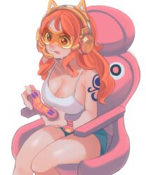 1girl animal_ear_headphones animal_ears bare_legs blue_shorts breasts camisole cat_ear_headphones chair cleavage commentary_request controller fake_animal_ears feet_out_of_frame game_controller gaming_chair headphones headset holding holding_controller holding_game_controller large_breasts long_hair nami_(one_piece) official_alternate_costume one_piece orange-tinted_eyewear orange_eyes orange_hair pandar_op playing_games short_shorts shorts shoulder_tattoo sitting solo spaghetti_strap swivel_chair tattoo tinted_eyewear tongue tongue_out white_background white_camisole