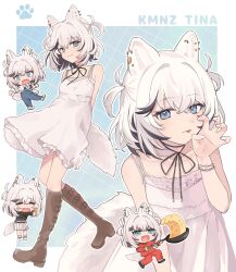 Rule 34 | 1girl, animal ear piercing, animal ears, arms behind back, bare shoulders, black streaks, blue background, blue eyes, boots, border, brown boots, character name, chibi, chibi inset, claw pose, closed mouth, collarbone, colored inner hair, commentary request, crossed bangs, dog ears, dog girl, dog tail, dress, full body, hair between eyes, hand up, highres, kmnz, knee boots, looking at viewer, multicolored hair, multiple views, open mouth, outside border, ozblpnt, short hair, sleeveless, sleeveless dress, smile, streaked hair, tail, tina (kmnz), tongue, tongue out, virtual youtuber, white border, white dress, white hair, white tail