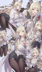 1girl :3 absurdres armored_gloves black_gloves black_shorts blonde_hair blowing_kiss blue_background blush cape closed_eyes closed_mouth crown crown_(nikke) denim denim_shorts fishnet_pantyhose fishnets gloves goddess_of_victory:_nikke hair_ornament hair_spread_out highres long_hair long_sleeves multiple_expressions netural one_eye_closed open_mouth pantyhose pout shirt shorts simple_background solo surprised tongue very_long_hair white_cape white_shirt wide-eyed