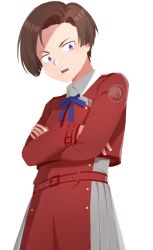 1girl :o absurdres blue_ribbon brown_hair crossed_arms dress harukawa_fuki highres komiya_harumoto long_sleeves looking_at_viewer lycoris_recoil lycoris_uniform purple_eyes ribbon short_hair simple_background solo standing two-tone_dress white_background