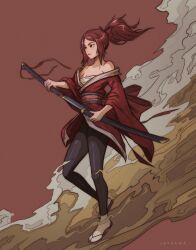 1girl absurdres artist_name black_leggings bow breasts chest_sarashi cleavage closed_mouth commission dungeons_&amp;_dragons full_body hair_bow highres holding holding_sword holding_weapon japanese_clothes jsama kimono leggings lips lipstick long_hair makeup ootachi original ponytail red_background red_bow red_eyes red_hair red_kimono ronin samurai sandals sarashi second-party_source sheath simple_background smoke solo sword tabi unsheathing weapon zouri