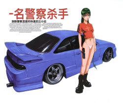 1girl black_boots blue_car boots breasts car chinese_text cross demon_tail ear_piercing earrings english_text finger_on_trigger full_body green_hair gun handgun holding holding_gun holding_weapon jewelry lips looking_at_viewer mixed-language_text motor_vehicle navel nissan nissan_silvia nissan_silvia_s14 original piercing purple_eyes red_shirt shirt shyzzzi simple_background tail thong underwear vehicle_focus vehicle_request weapon white_background